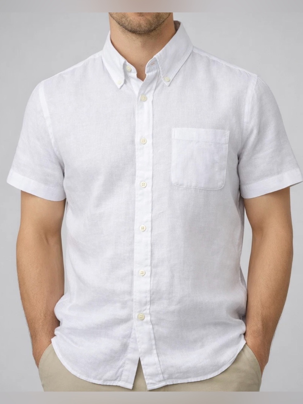 NEW Brooks Brothers 346 100% Linen White Short Sleeve Button Up Shirt Size Large